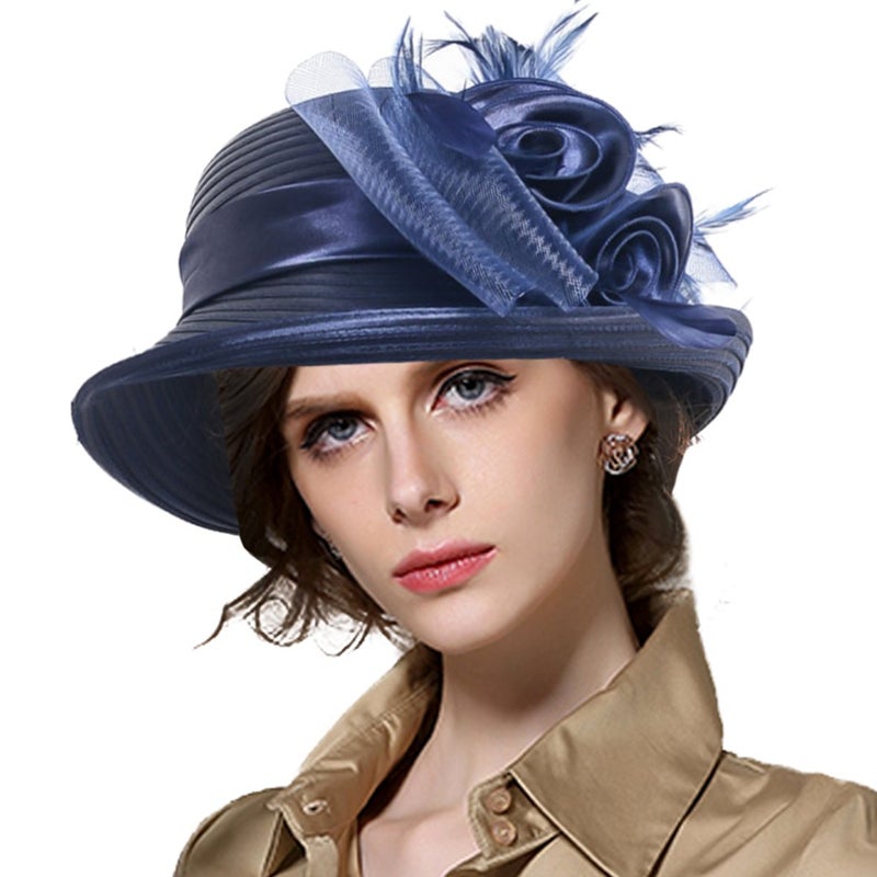 VECRY Lady Derby Dress Church Cloche Hat Bow Bucket Wedding Bowler Hats (Bowler-Navy),Medium - Image 1